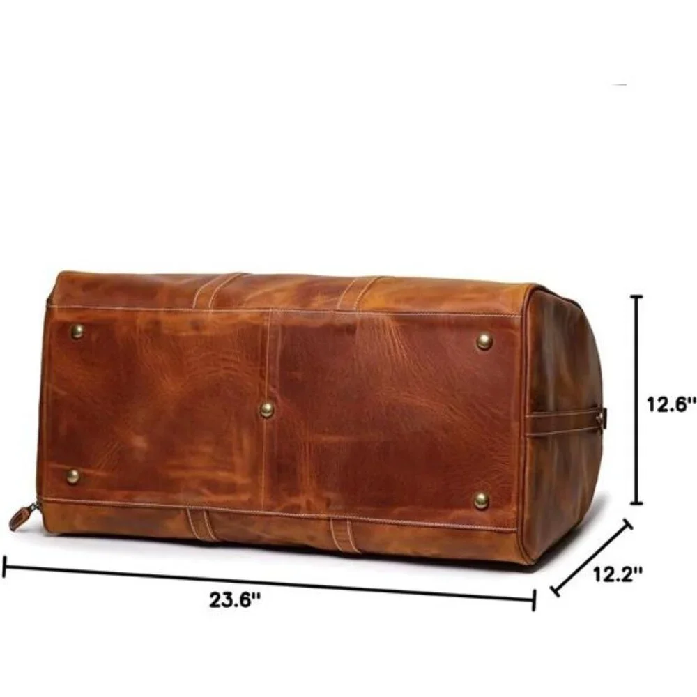 24 Inch Leather Travel Weekend Luggage Bag with Ykk Zipper Mens Duffle Retro